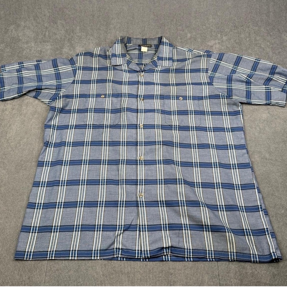 Triumph of California Mens XL‎ Blue Plaid Short Sleeve Button Down Camp Shirt
